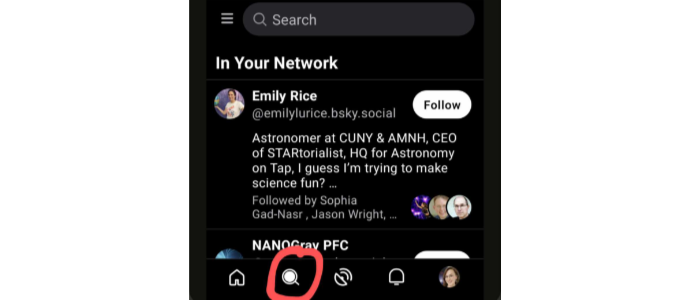 The Search tab on Bluesky, including the very useful &lsquo;In Your Network&rsquo; set of follow suggestions.