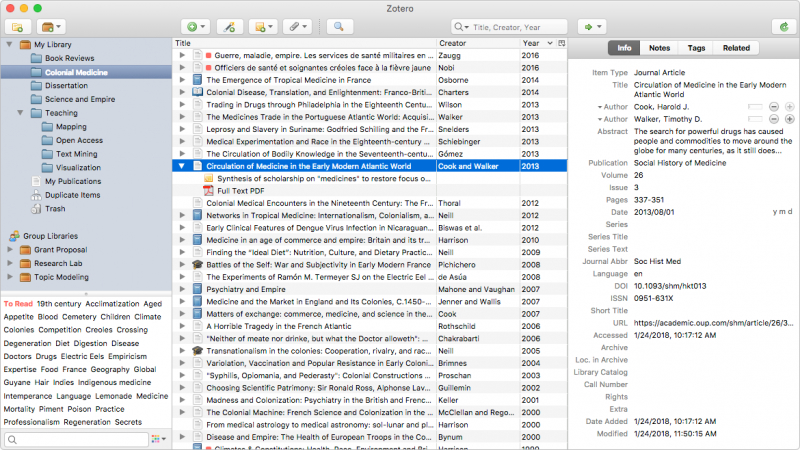 Zotero’s UI, with a toolbar on the right with information. Credit: Zotero